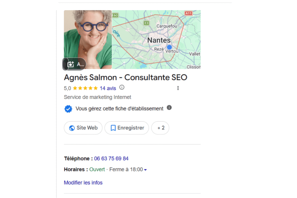Outil gratuit SEO | Google Business Profil | Capture écran fiche Agnès Salmon